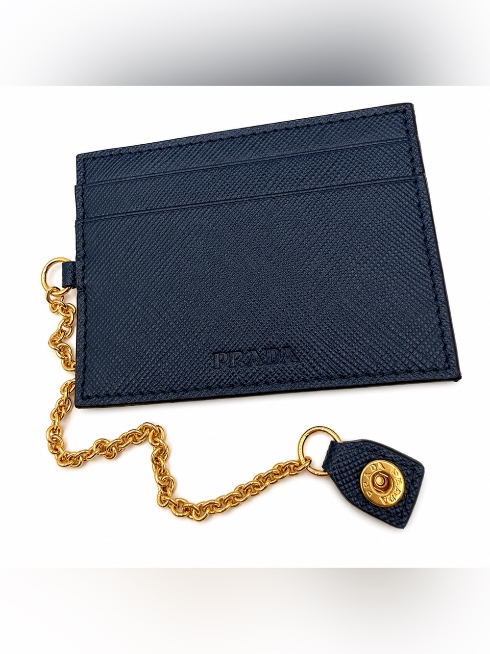 LIKE NEW Prada Navy Leather Pass Case Card Wallet w/ Gold Chain